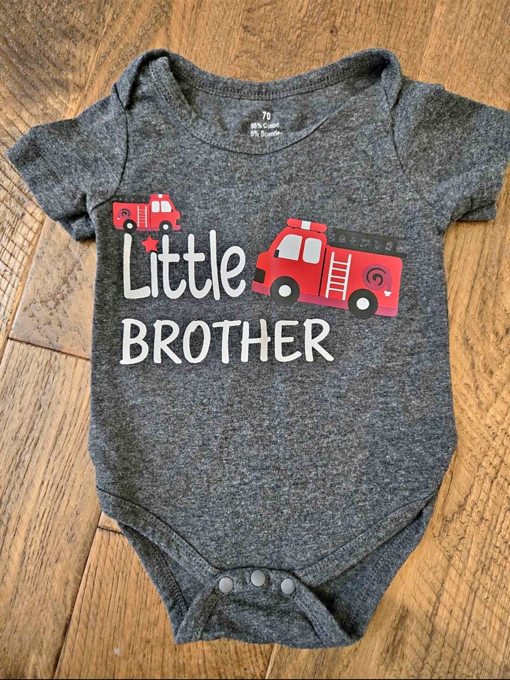 Gray Baby Bodysuit with Red Fire Truck "Little Brother"